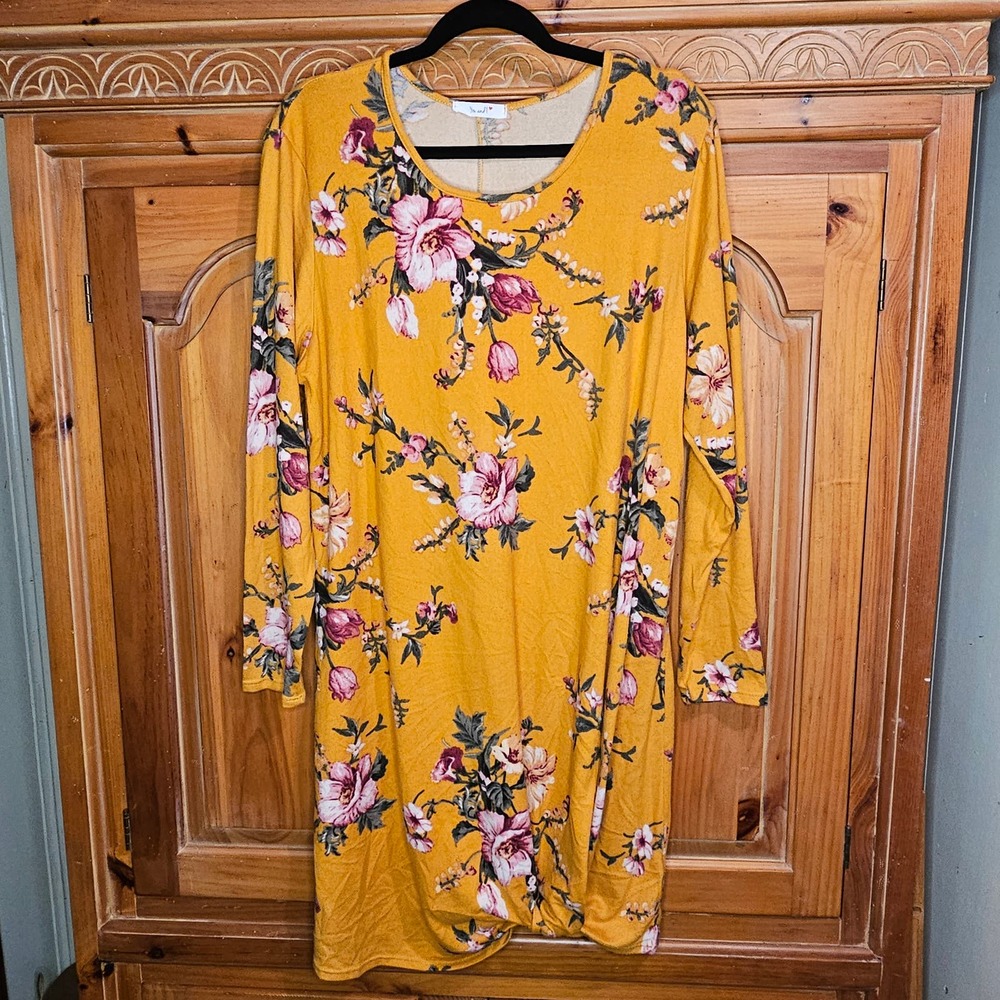 Mustard Floral You And I Casual Tunic‎ Swing Dress Measures Size L/XL